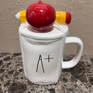 Rae Dunn White Mug with Red Apple and Yellow Pencil